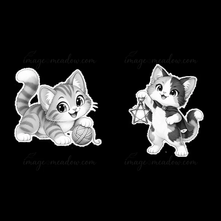 Two cute cats are illustrated in a playful style. One cat rolls a ball of yarn, while the other holds a lantern in its paw. Both cats have cheerful expressions