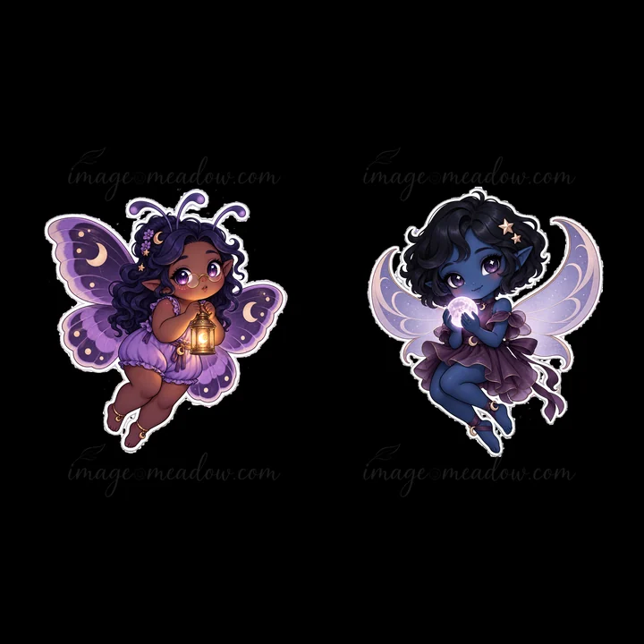 Two cute chubby fairies float in the sky. One fairy has dark skin and holds a lantern. The other has blue skin and holds a shining crystal orb. Both have colorf