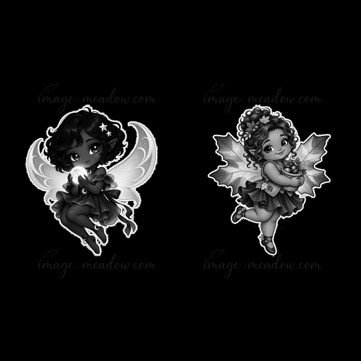 Two kawaii chubby fairies are holding magical items. One fairy has short curly hair and sparkling wings, while the other has wavy hair with large wings. The ill