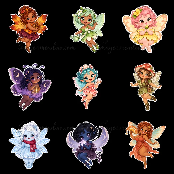 Nine adorable chubby fairies are arranged in a 3x3 grid. Each fairy wears colorful outfits and strikes a different pose. They hold accessories like lanterns and