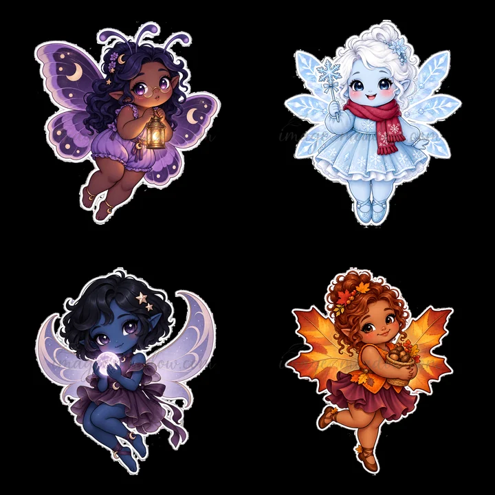 Four chubby fairies are illustrated in a 2x2 layout. Each fairy has unique features and accessories. The fairies are in various colors and poses, showcasing the