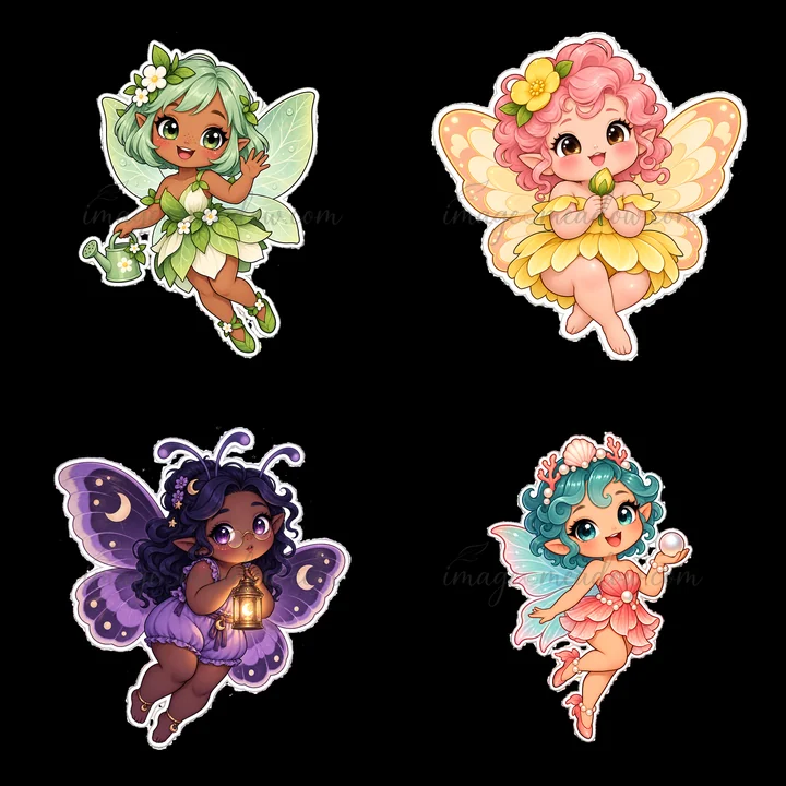 Four chubby fairies in pastel colors are engaging in different activities. They are watering plants, holding lanterns, and surrounded by flowers and butterflies