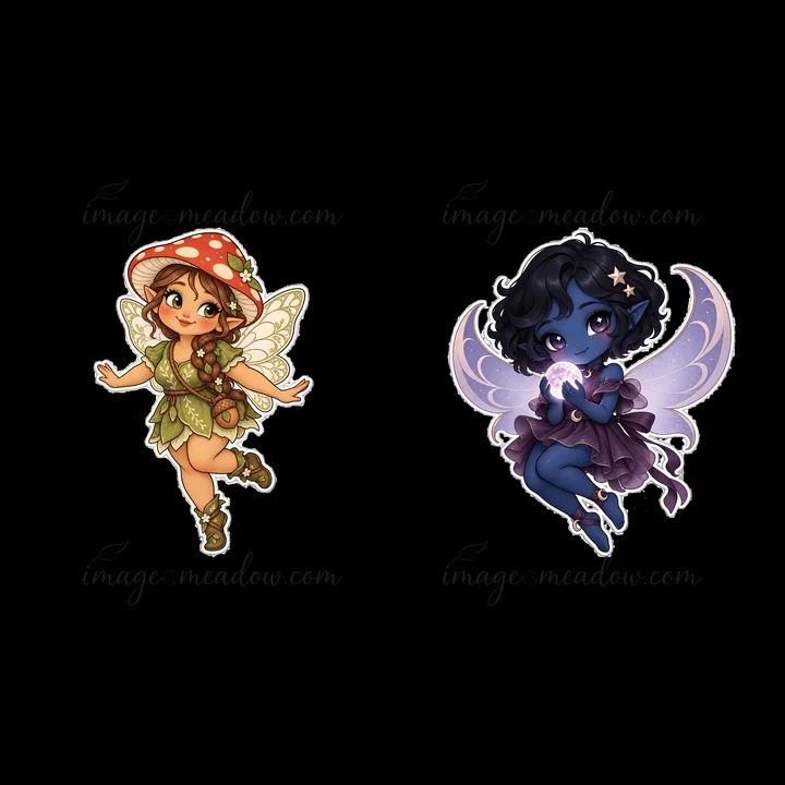 Two cute fairy stickers display distinct designs. One fairy wears a mushroom hat and green outfit, while the other has blue skin and holds a glowing orb. Both h