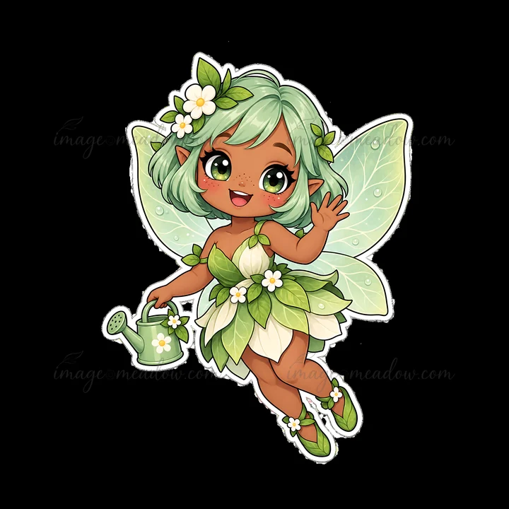 A chubby fairy with green hair and leaf-like dress holds a watering can while smiling. She has cheerful expression and floral accessories, surrounded by green s