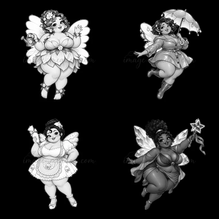 Four kawaii ultra-fat fairy characters are seen in this artwork. Each fairy has distinct features and accessories, including an umbrella and a wand. Their cheer