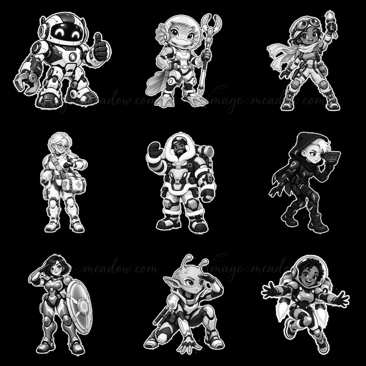 Nine distinct cartoon stickers display kawaii futuristic super-soldiers in dynamic poses. Each character has unique features and accessories, showcasing differe