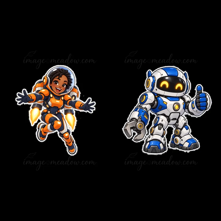 Two cheerful characters showcase futuristic designs. One is an astronaut in an orange and black suit with jetpacks, and the other is a robot in blue and white,