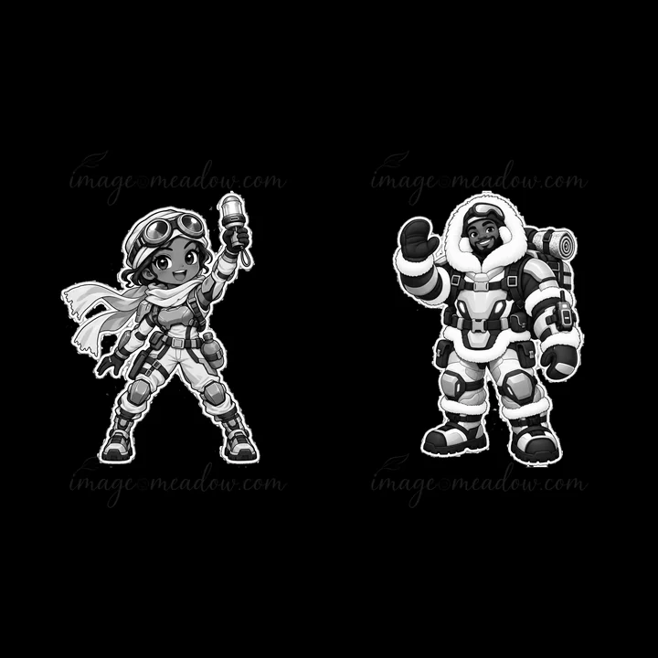 This cartoon sticker features two kawaii futuristic super-soldiers. One stands with a light in hand and the other waves. They wear distinct gear suited for high