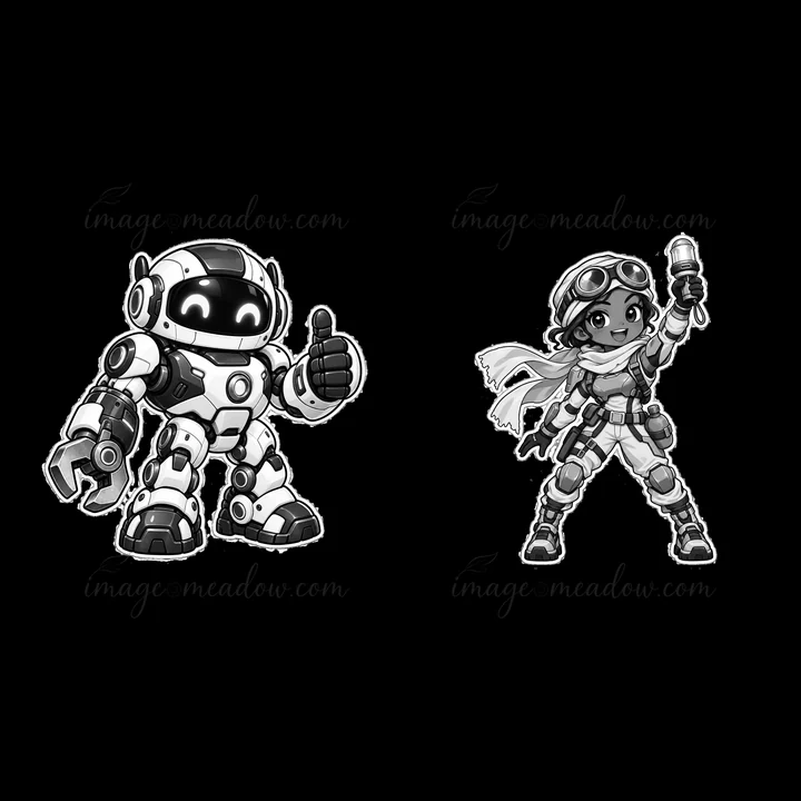 A cartoon sticker shows a futuristic robot giving a thumbs up beside a girl holding a gadget. Both characters are styled in a cute, playful manner. The design i