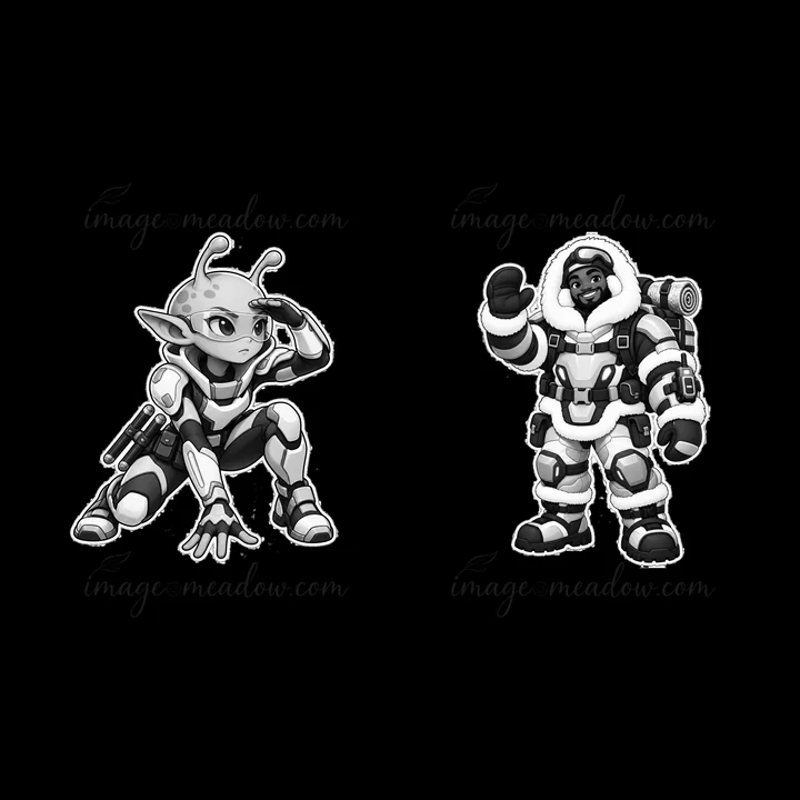 Two kawaii futuristic super-soldiers are presented in a black-and-white illustration. One is crouched while looking through a visor, and the other is standing w