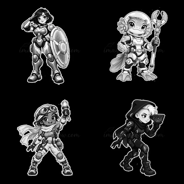 This illustration features four kawaii futuristic super-soldiers in a 2x2 layout. Each character displays unique gear and poses, showcasing their individuality