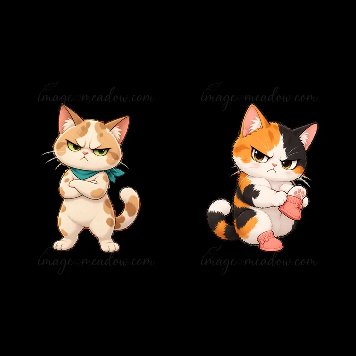 Two cartoon grumpy cats are displayed side by side. One cat has a light tan coat with orange spots and a green scarf, standing with arms crossed.