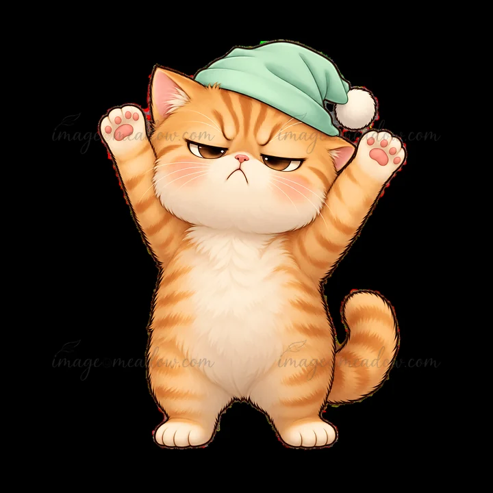 A cartoon illustration shows a grumpy orange-striped cat with raised paws. The cat wears a light mint green hat with a small pompom on top. The character has an