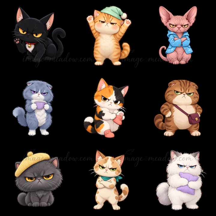 Nine kawaii grumpy cat stickers are displayed in a 3x3 layout. Each cat has a distinct expression and outfit, showcasing a range of emotions and personalities.