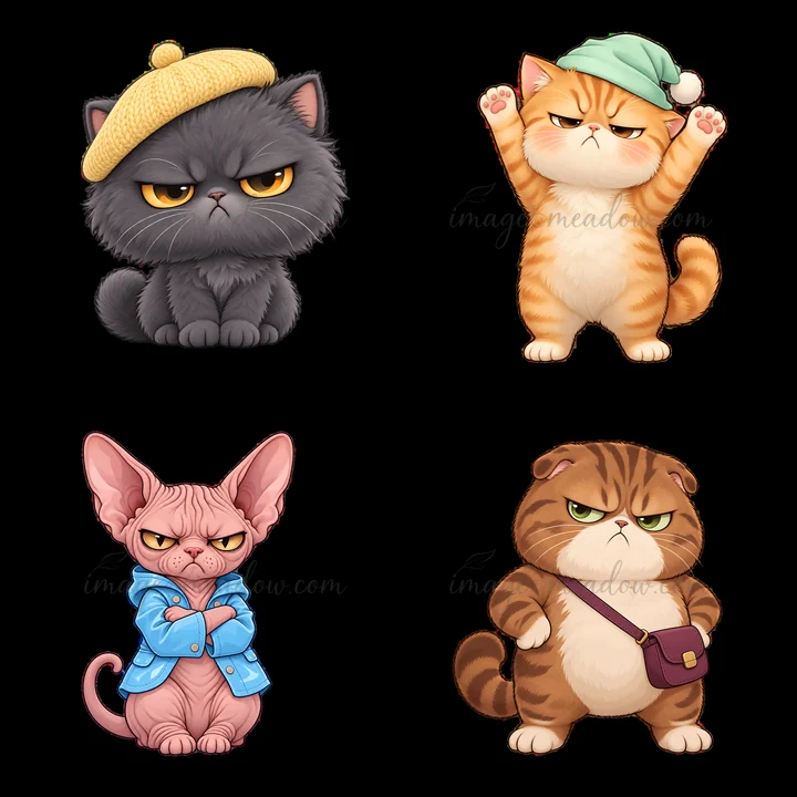 Four cartoon cat characters display grumpy expressions. A black cat wears a beret, an orange cat raises paws, a pink Sphynx in a blue shirt has crossed arms, an