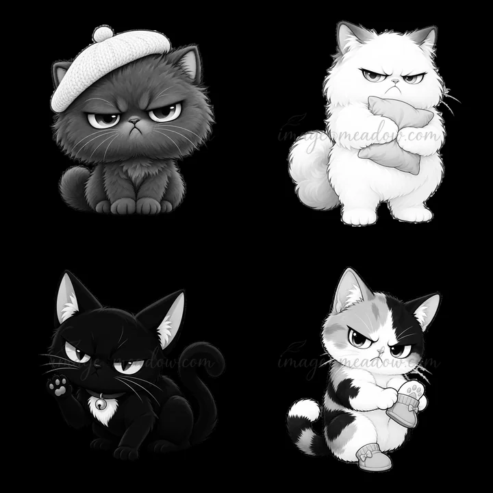 Four cute grumpy cats show distinct expressions and poses. The cats are illustrated as a sticker set arranged in a 2x2 layout. Each cat has a unique design and