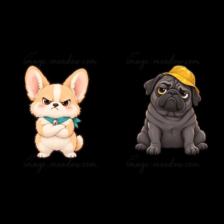A corgi with a teal scarf appears grumpy while standing next to a frowning pug wearing a yellow hat. Both characters showcase a cute and fun design, ideal for s
