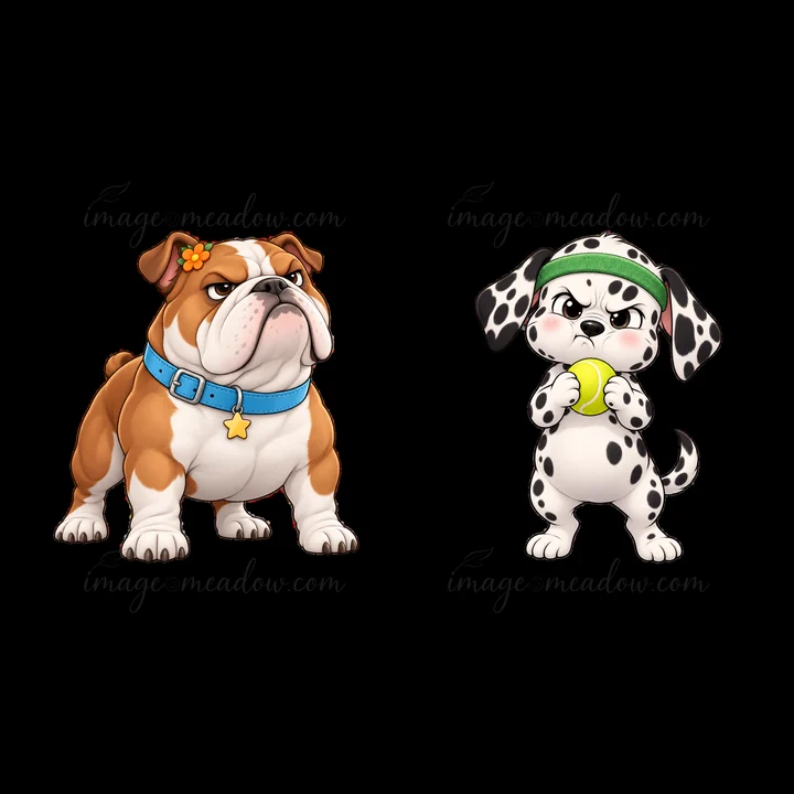 Two cartoon dogs are shown side by side. The first dog is a bulldog with a blue collar and a flower, looking grumpy.
