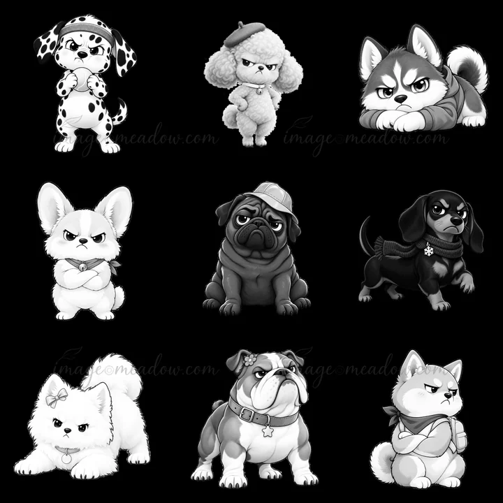 This illustration features nine kawaii grumpy dogs arranged in a grid. Each dog displays a unique expression and personality. The dogs are all depicted in a mon