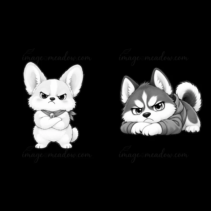 Two cartoon stickers feature a grumpy corgi standing with arms crossed and a grumpy husky lying down with an annoyed expression. Both are depicted in black and