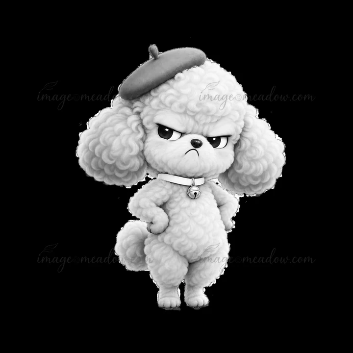 A cartoon grumpy dog stands with arms crossed and an annoyed look. Its fluffy curly fur and beret add to its character. The setting is neutral without distracti