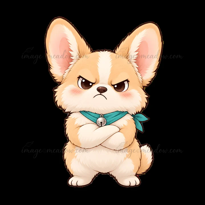 This illustration features a grumpy dog character with a beige and white coat, showcasing a frown and crossed arms. The dog wears a turquoise scarf around its n
