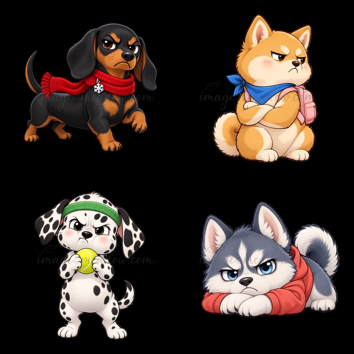 Four cartoon characters show grumpy dogs. Top left is a black and tan dachshund with a red scarf. Top right is a shiba inu with a blue bandana. Bottom left is a