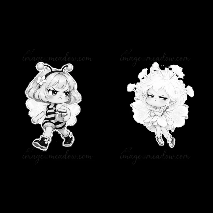 Two cartoon stickers show a grumpy bee girl holding a drink and another fairy girl crossing her arms. Both characters have distinct expressions and features, hi