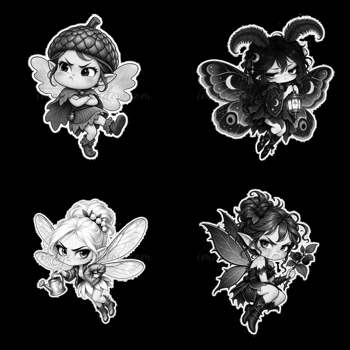 Four cartoon fairy characters display different expressions and poses. Each fairy has distinct features and accessories, including wings, hats, and plants.
