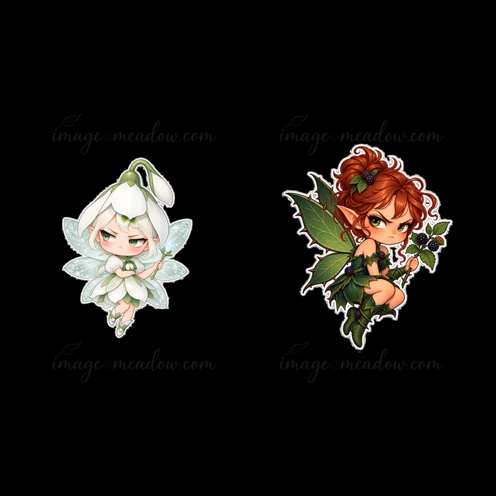 Two kawaii style fairies are depicted side by side. The first fairy has a white floral design, while the second fairy features leaf accents. Both characters loo