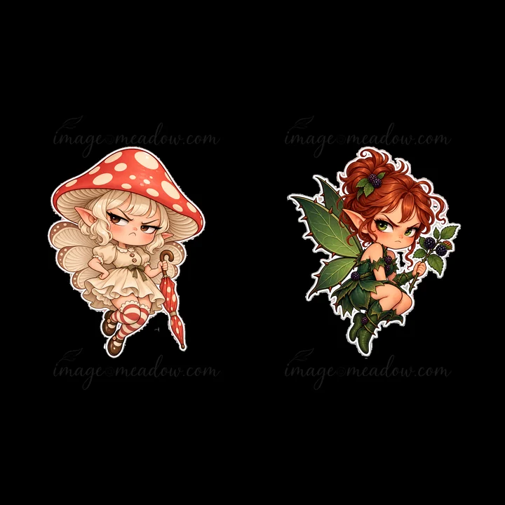 Two cute fairy characters are shown. On the left is a grumpy fairy with a mushroom cap holding an umbrella. On the right is another fairy with leaves on her dre