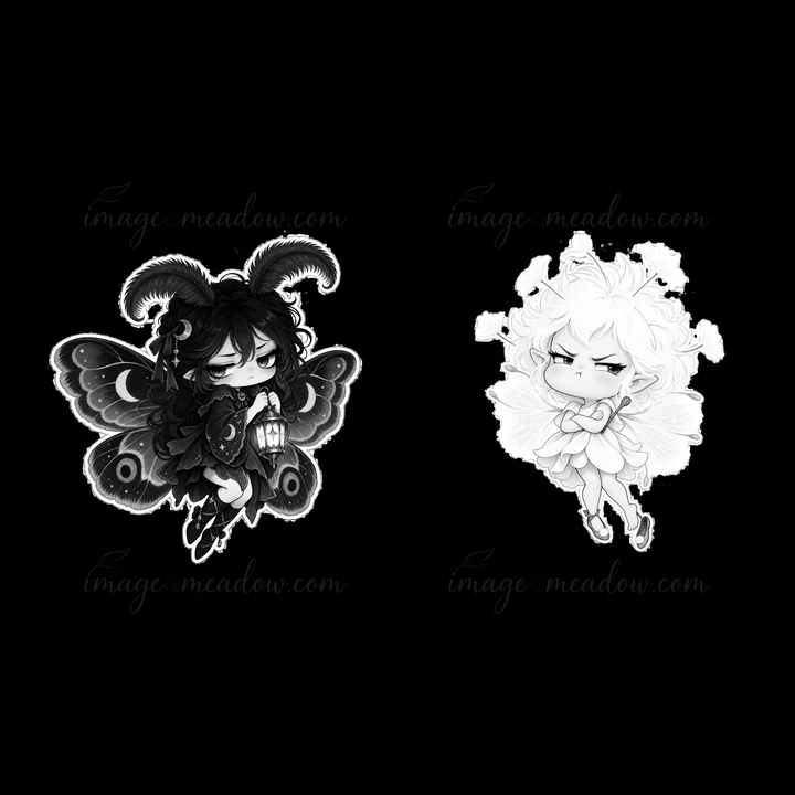 Two kawaii fairies are featured. One has butterfly wings and a grumpy expression. The other is a cloud fairy with an equally displeased look. Both have distinct