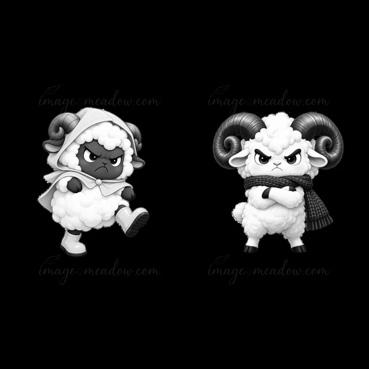 Two grumpy sheep figures with unique expressions are illustrated. One sheep wears a cloak and walks, while the other stands with arms crossed and a scarf. The p