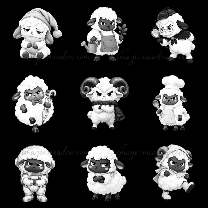 Nine distinct grumpy sheep characters showcase different outfits and expressions. Each sheep displays unique accessories, including a chef's hat, a detective ma