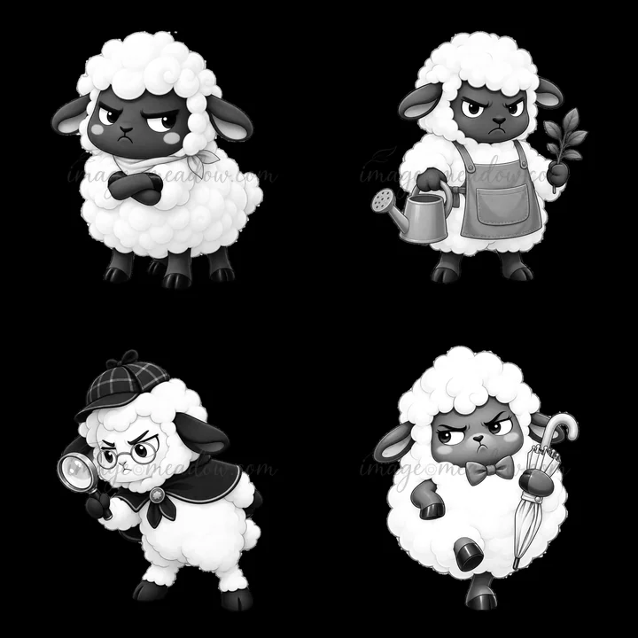 Four cartoon sheep display grumpy expressions. Each sheep has unique accessories and outfits. One holds a watering can, another has a detective hat, while a thi