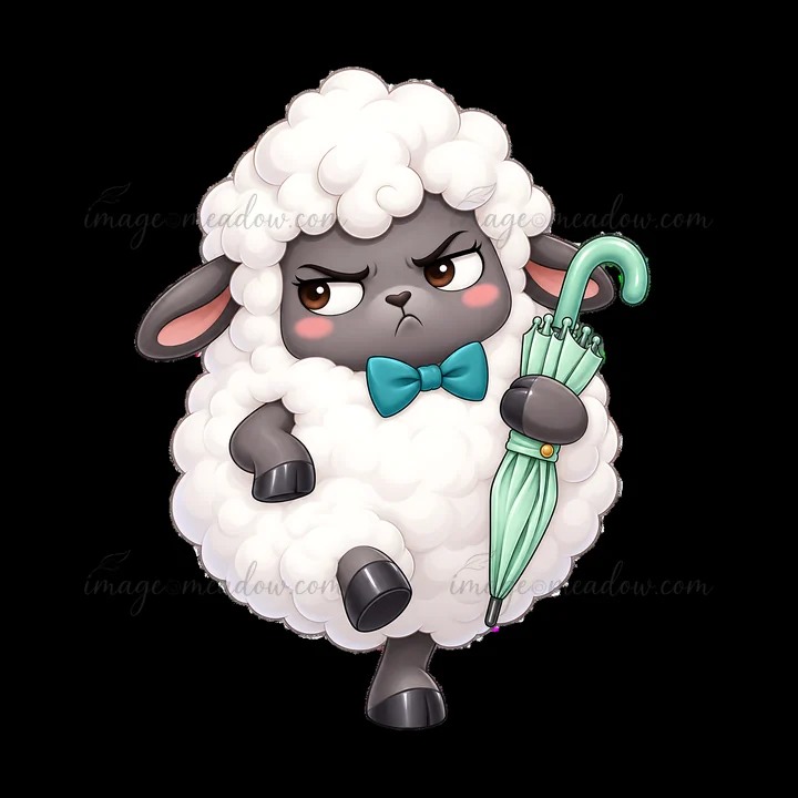 A sheep with fluffy white wool and gray ears has an annoyed expression. It stands on two legs while holding a light green umbrella. The bow tie adds a cute touc