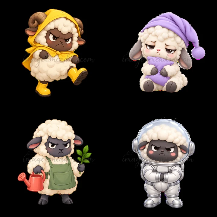 Four cartoon sheep show different moods and activities. One sheep wears a yellow raincoat and walks, another relaxes with a blanket, a third waters plants, and