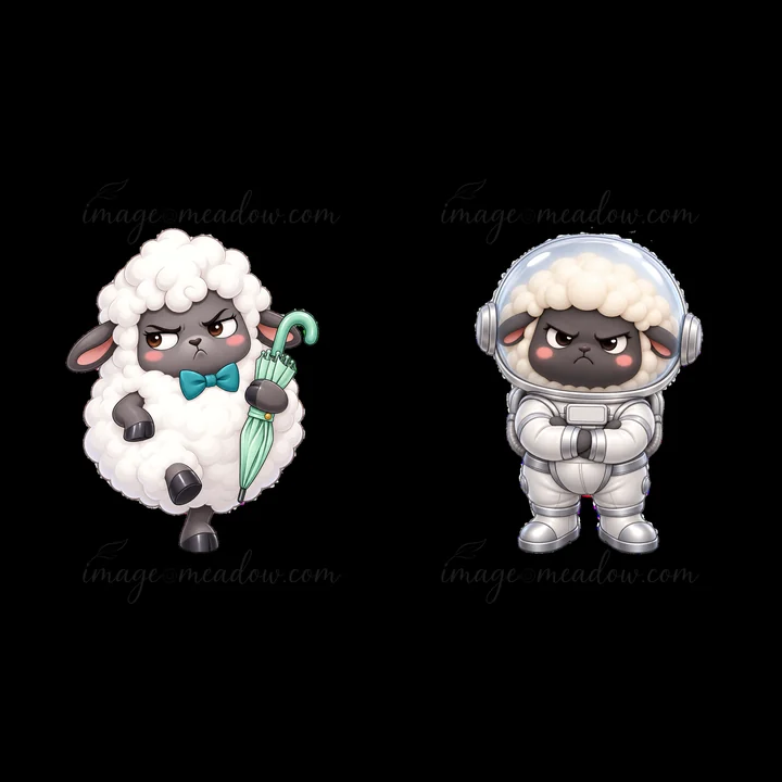 Two cartoon sheep stand side by side. One sheep holds an umbrella and wears a bowtie, while the other sheep wears a shiny astronaut suit. Both have grumpy expre