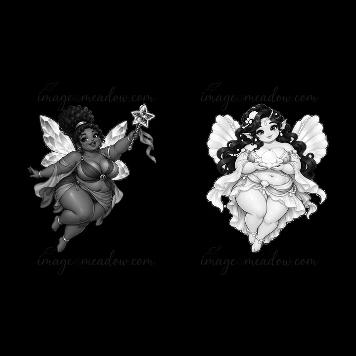 Two kawaii ultra-fat fairies float side by side, one holds a star wand. They have detailed wings and feature cute expressions. The design is in monochrome with