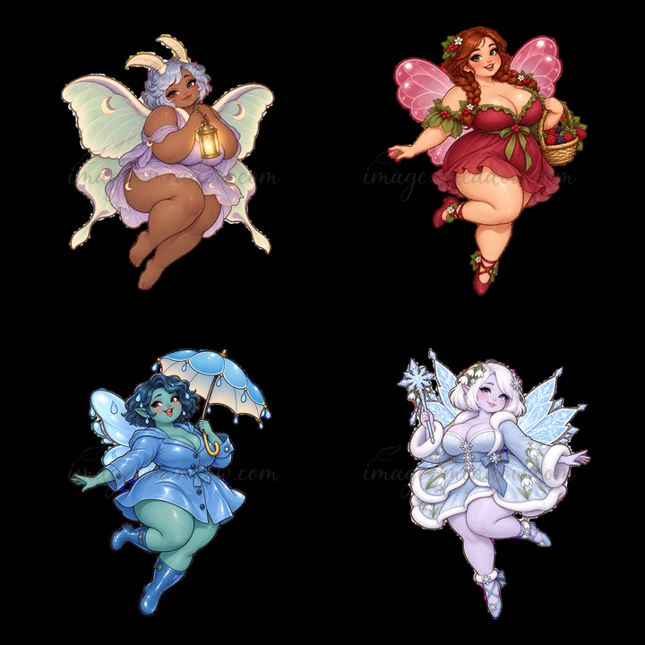 Four kawaii ultra-fat fairies display cheerful expressions. Each fairy has unique colors and accessories. They hold items like a lantern, a basket, an umbrella,