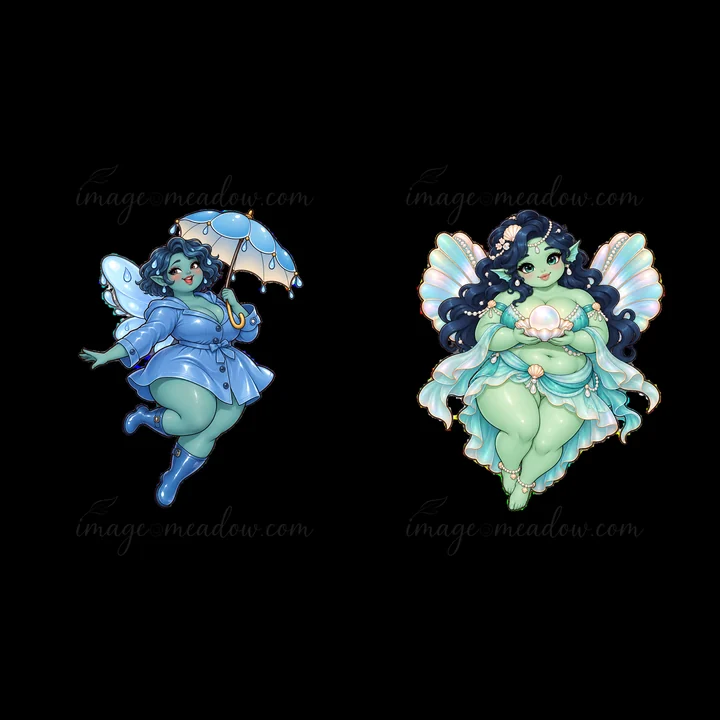 Two kawaii ultra-fat fairies stand side by side, one with a blue umbrella and a playful pose, while the other holds a pearl. They showcase vibrant colors and ch