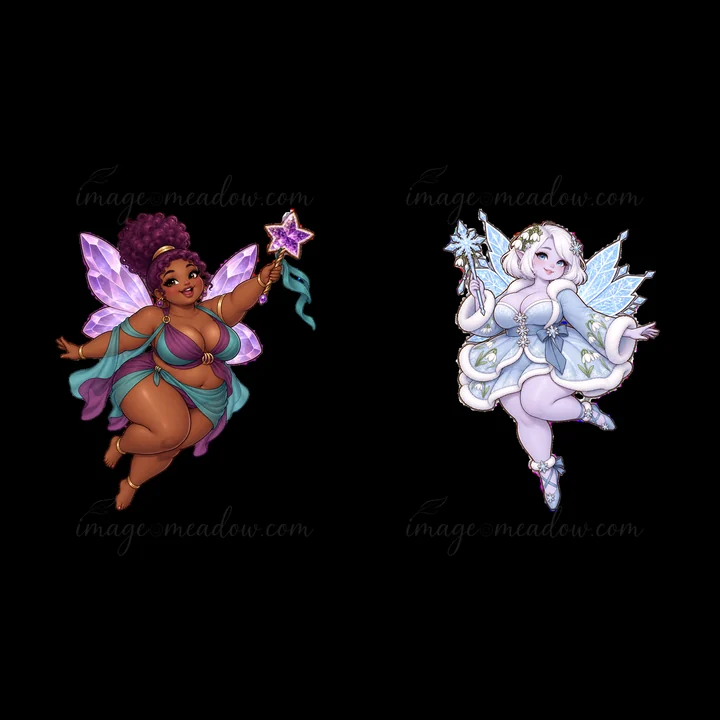 Two cute fairies float together. One fairy has dark skin and a purple outfit with a star wand. The other fairy has pale skin and a light blue dress, holding a s