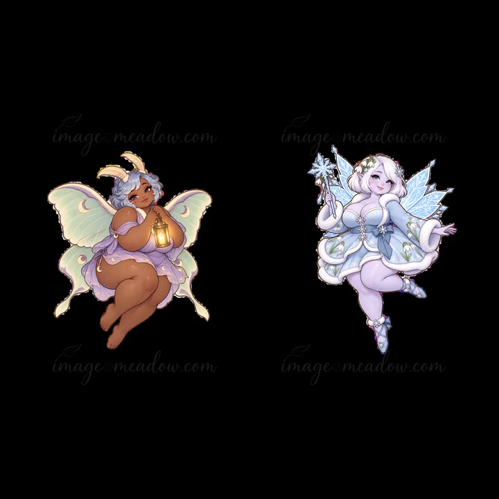 Two kawaii ultra-fat fairies are illustrated. One fairy holds a lantern with green wings and a soft pink outfit. The other is adorned with ice blue wings and ho