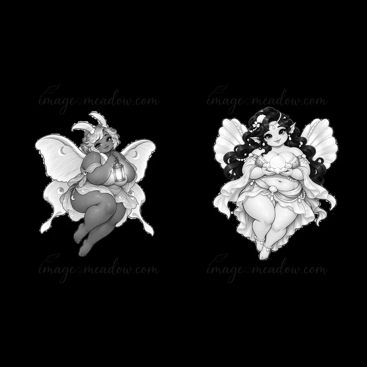 A pair of kawaii ultra-fat fairies are shown. One fairy holds a lantern while the other is surrounded by flowers. Both have large wings and cheerful expressions