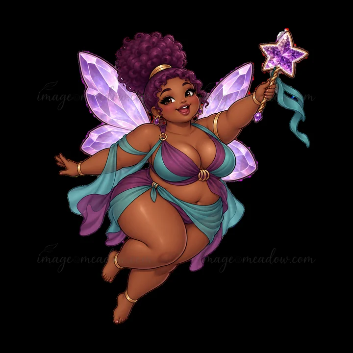 A kawaii ultra-fat fairy flies joyfully through the air, holding a sparkling wand. She wears a two-tone outfit with purple and teal colors. Her large wings are