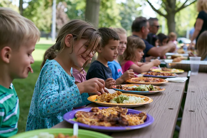 Kids eat from colorful plates at a charity event buffet held outdoors in a park.