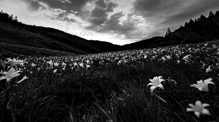 A field filled with daylilies stretches across Kirigamine highland. The flowers bloom in various formations, while dark clouds loom above. The scene captures th