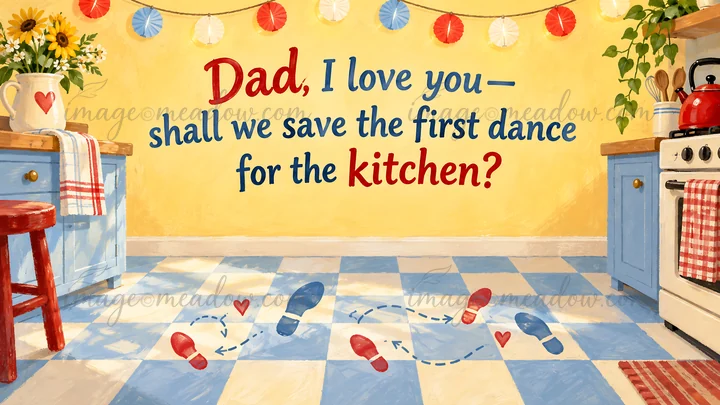 A warm, painterly kitchen greeting reads, “Dad, I love you—shall we save the first dance for the kitchen?” Red and blue footprints trace a playful dance across
