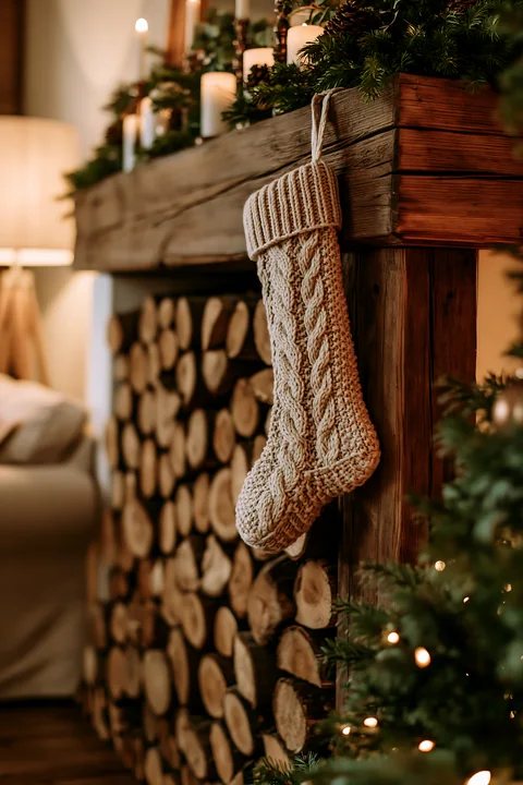 Knitted Christmas stocking hangs from a rustic wooden mantel beside evergreen branches, candles, and stacked firewood.
