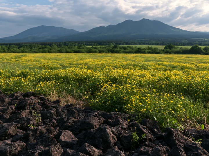 A volcanic meadow in Kumamoto features dark rocks in the foreground. Yellow flowers bloom across the landscape under a cloudy sky. Mountains rise in the backgro